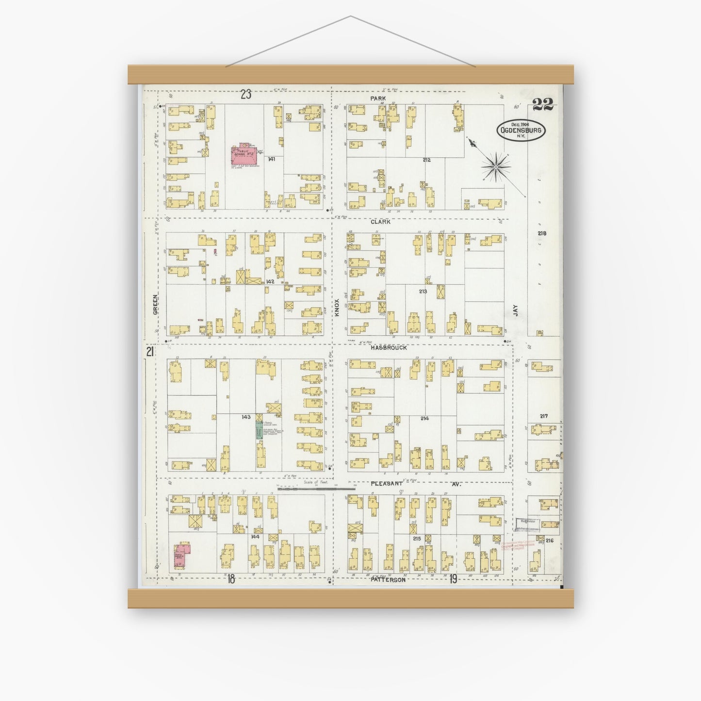 Old map wall art mockup — magnetic wood frame on white wall — Sanborn Fire Insurance Map from Ogdensburg, St. Lawrence County, New York (1904), Sheet #0022