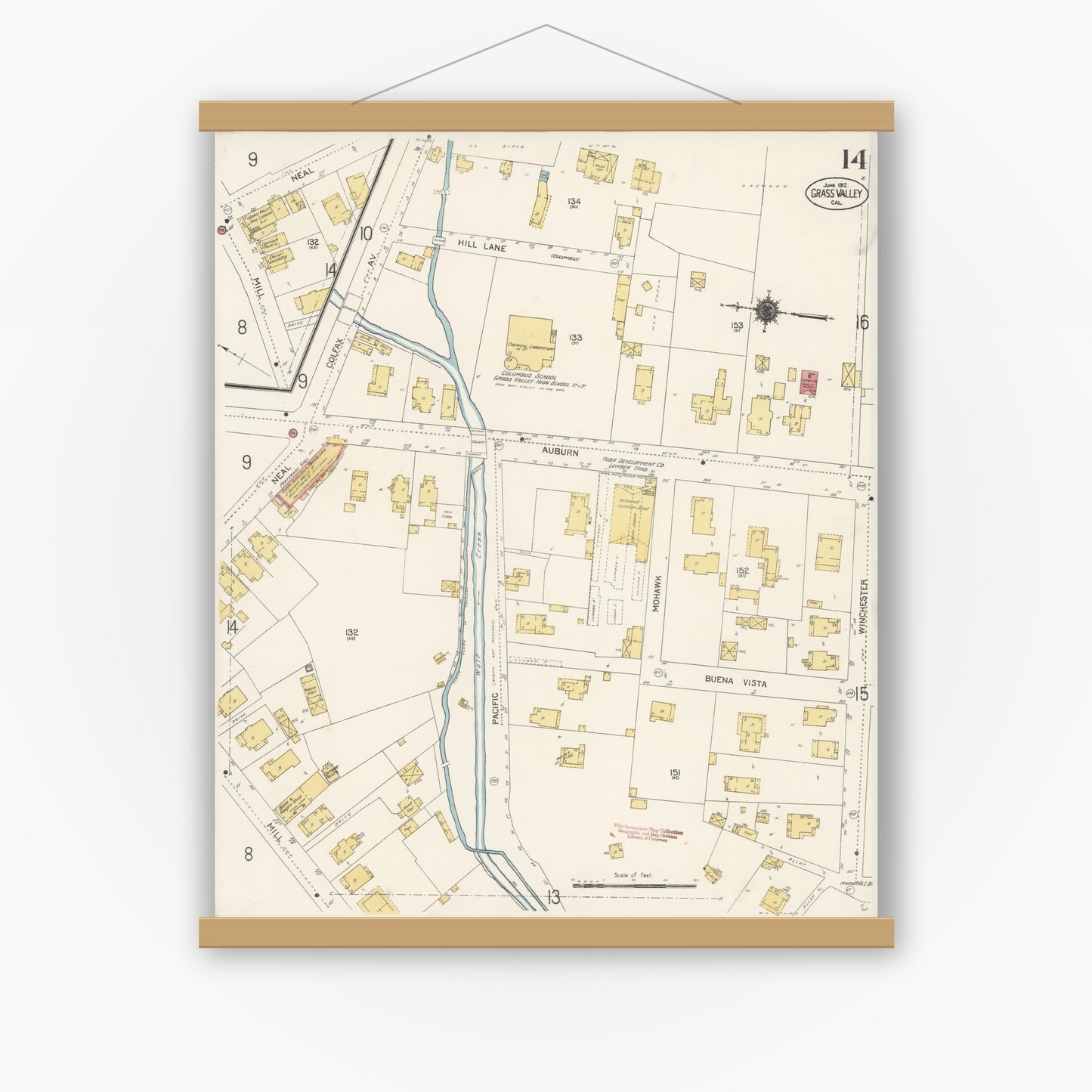 Old map wall art mockup — magnetic wood frame on white wall — Sanborn Fire Insurance Map from Grass Valley, Nevada County, California (1912), Sheet #0014