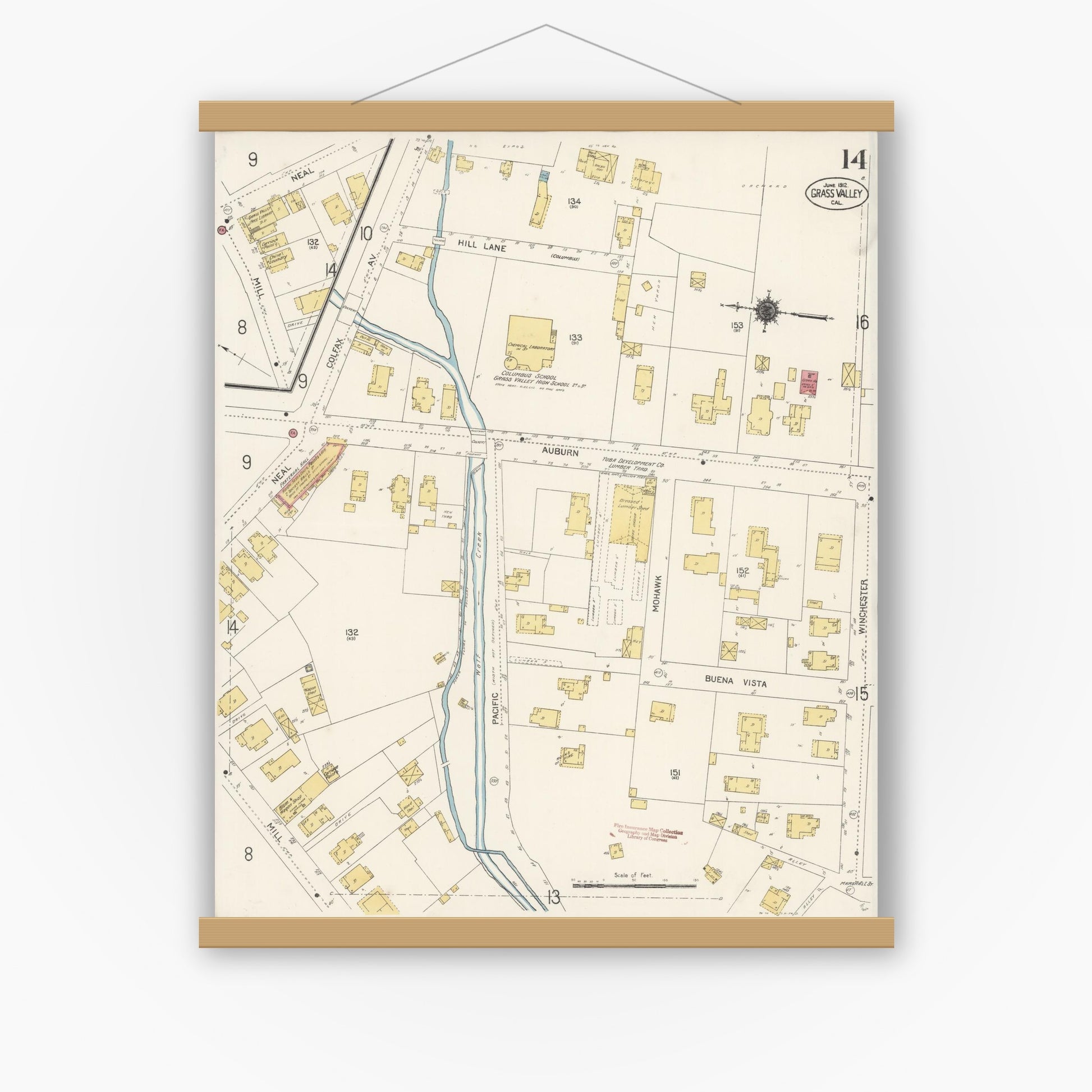 Old map wall art mockup — magnetic wood frame on white wall — Sanborn Fire Insurance Map from Grass Valley, Nevada County, California (1912), Sheet #0014