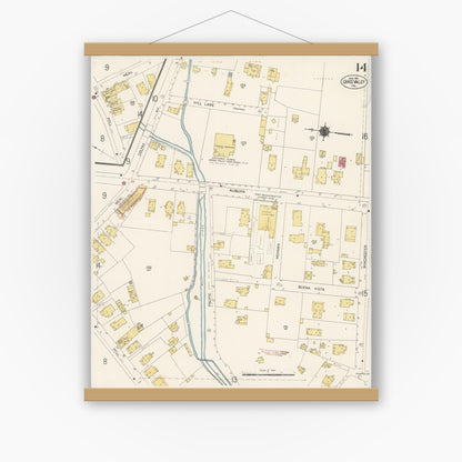 Old map wall art mockup — magnetic wood frame on white wall — Sanborn Fire Insurance Map from Grass Valley, Nevada County, California (1912), Sheet #0014