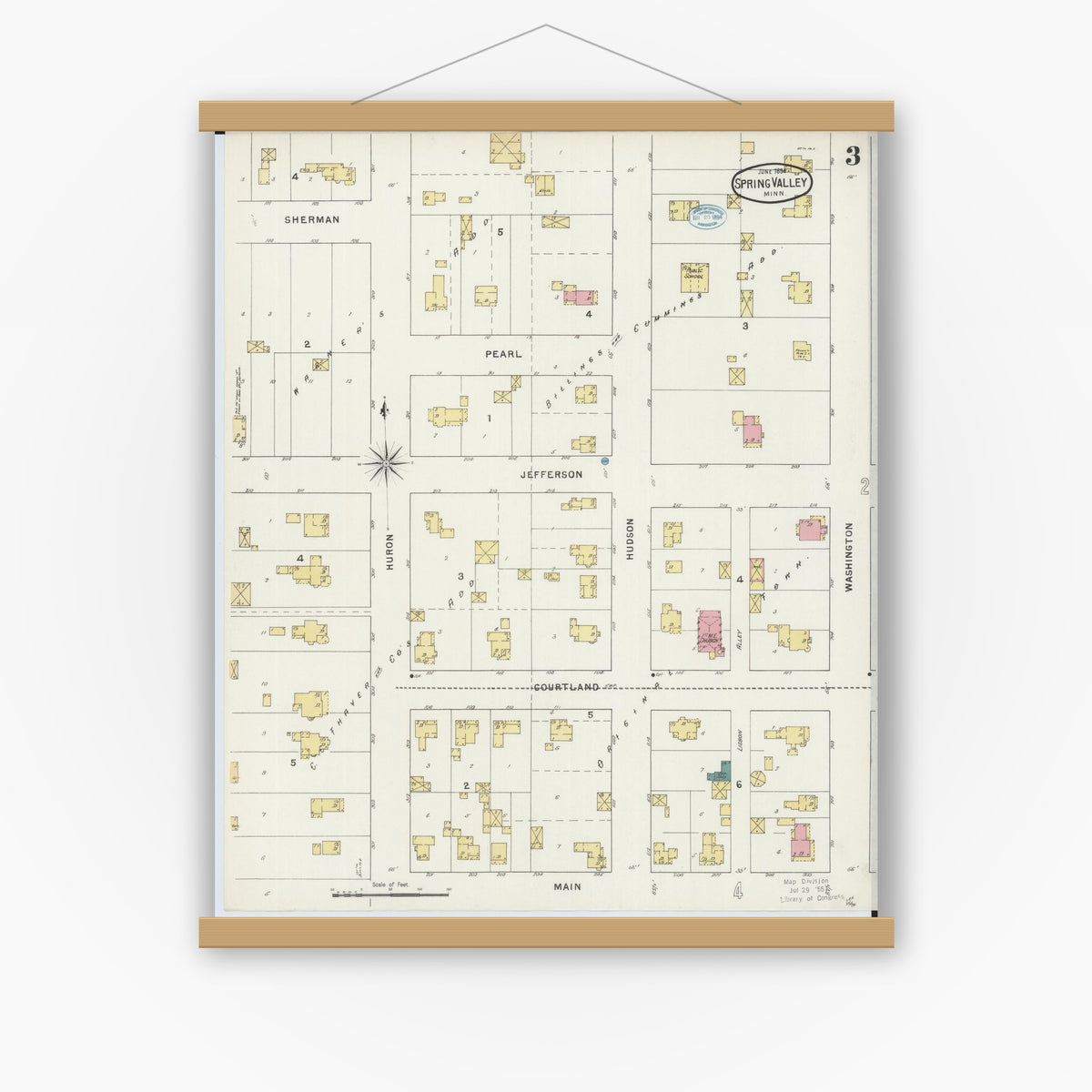 Old map wall art mockup — magnetic wood frame on white wall — Sanborn Fire Insurance Map from Spring Valley, Fillmore County, Minnesota (1894), Sheet #0003