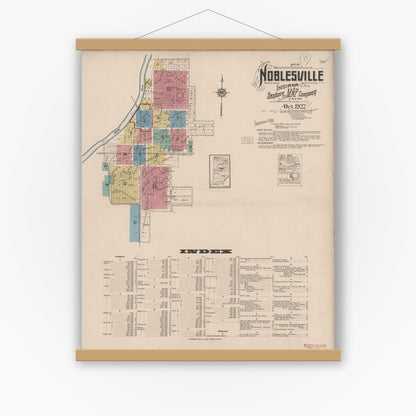 Old map wall art mockup — magnetic wood frame on white wall — Sanborn Fire Insurance Map from Noblesville, Hamilton County, Indiana (1922) - Complete Map Set