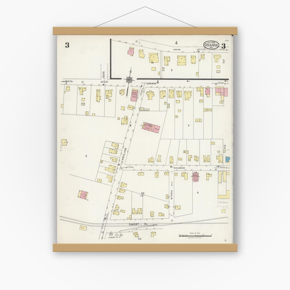 Old map wall art mockup — magnetic wood frame on white wall — Sanborn Fire Insurance Map from Orange, Orange County, Virginia (1925), Sheet #0003