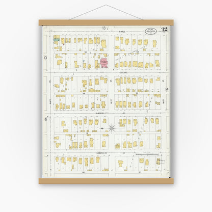 Old map wall art mockup — magnetic wood frame on white wall — Sanborn Fire Insurance Map from Joplin, Jasper County, Missouri (1900), Sheet #0012