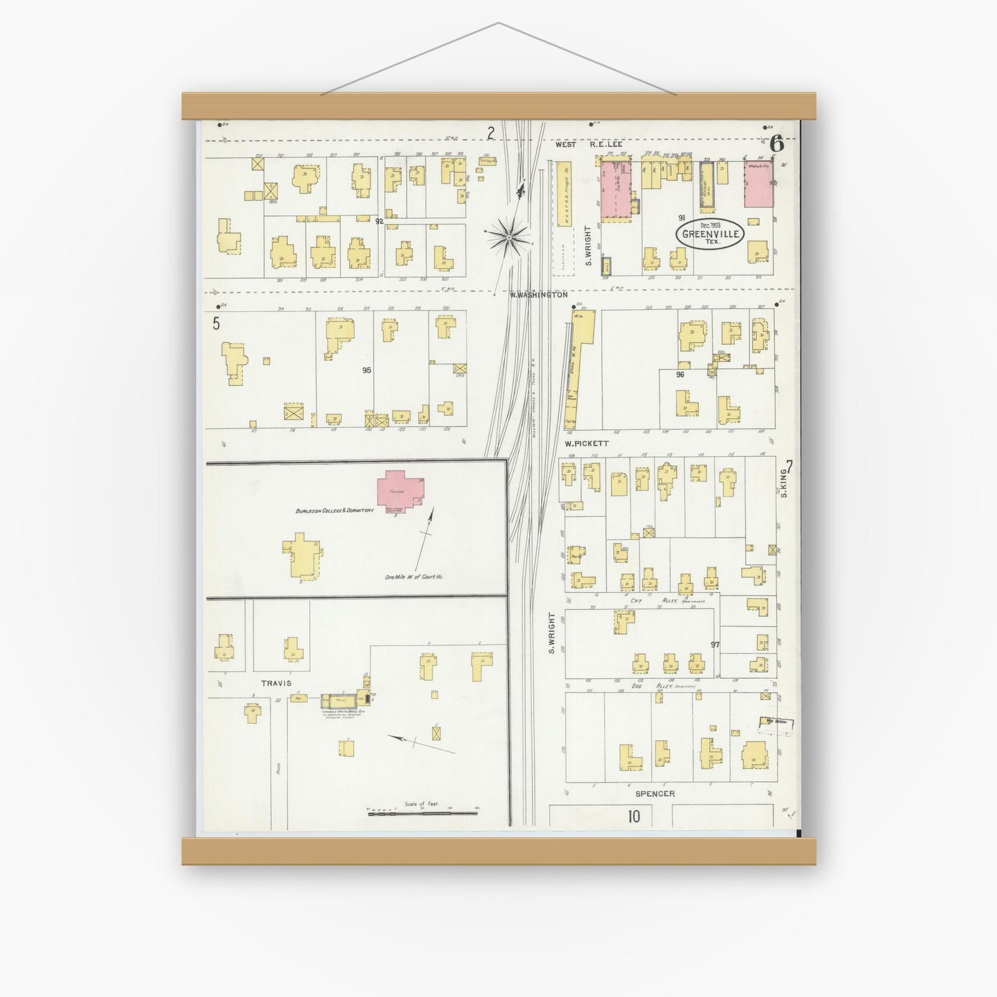 Old map wall art mockup — magnetic wood frame on white wall — Sanborn Fire Insurance Map from Greenville, Hunt County, Texas (1903), Sheet #0006