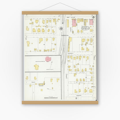 Old map wall art mockup — magnetic wood frame on white wall — Sanborn Fire Insurance Map from Greenville, Hunt County, Texas (1903), Sheet #0006