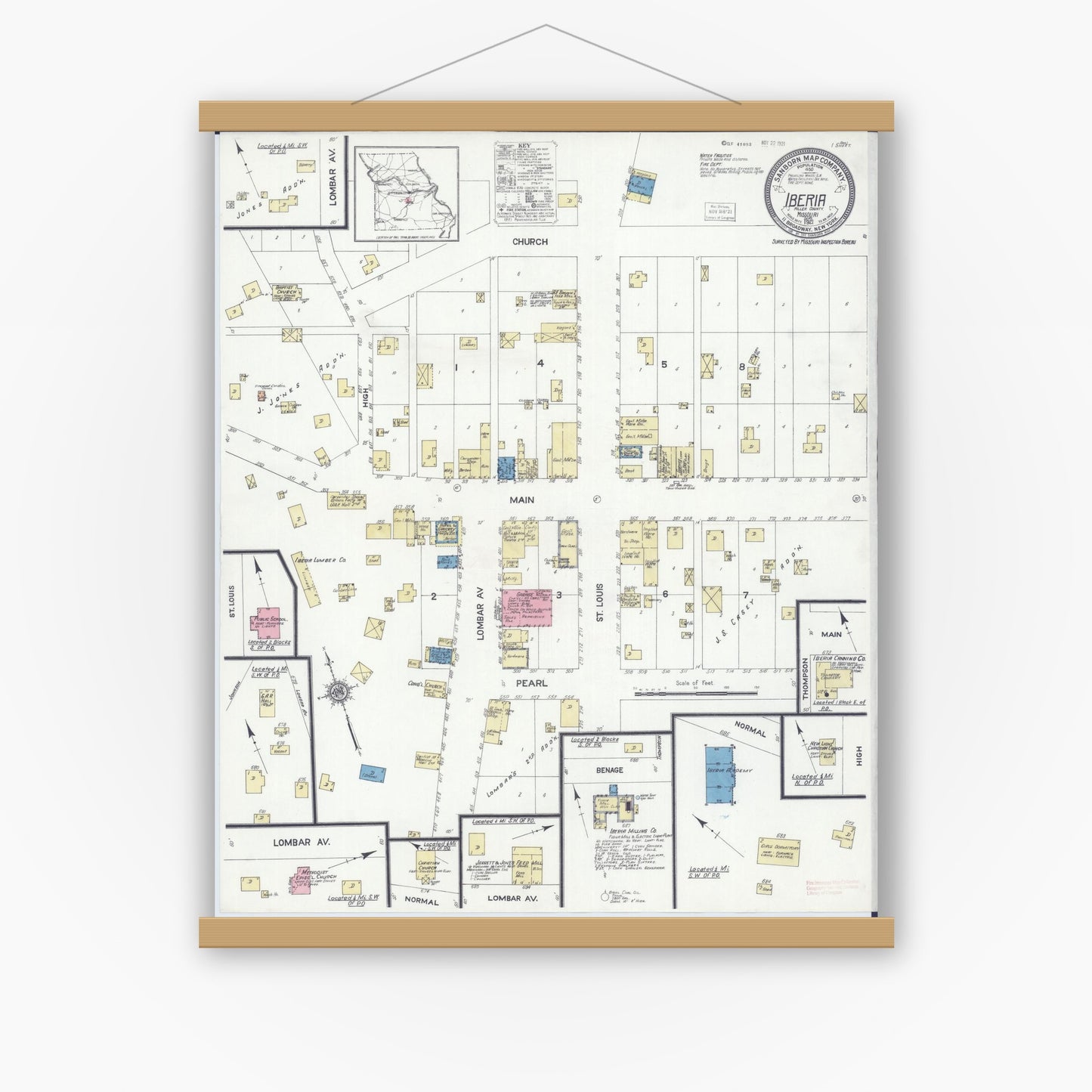Old map wall art mockup — magnetic wood frame on white wall — Sanborn Fire Insurance Map from Iberia, Miller County, Missouri (1921), Sheet #0001