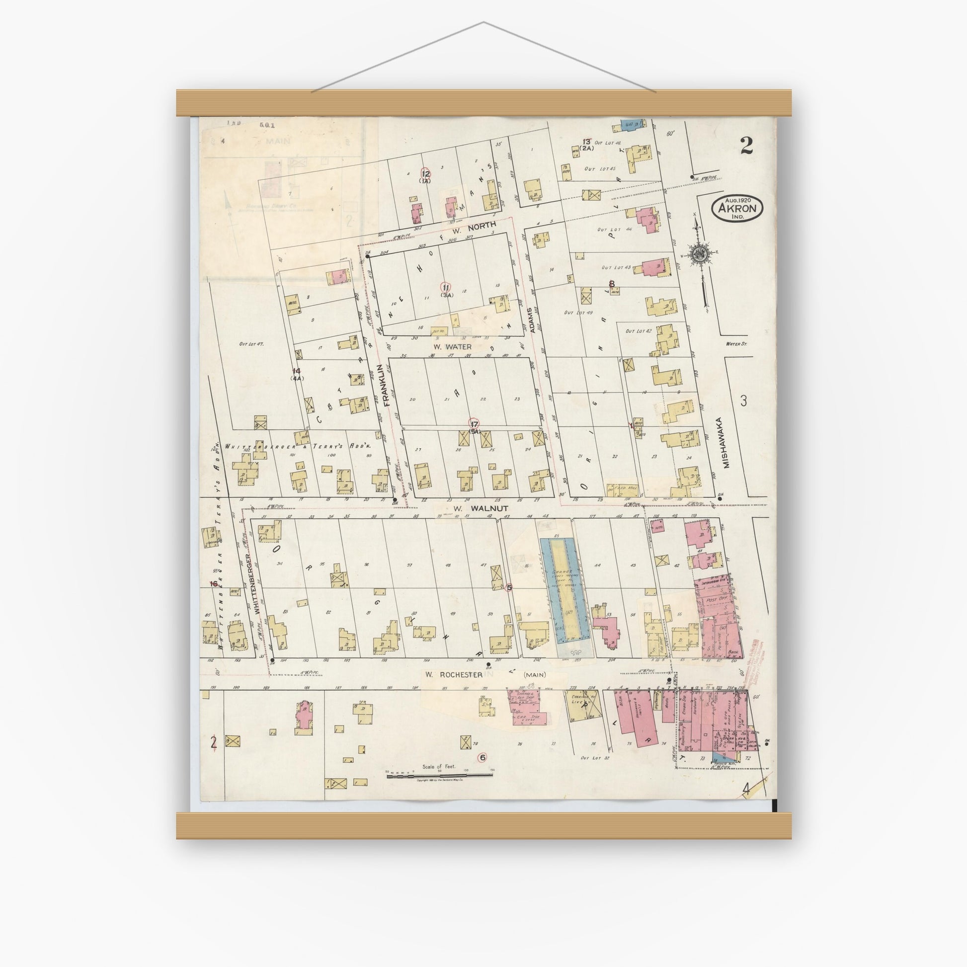 Old map wall art mockup — magnetic wood frame on white wall — Sanborn Fire Insurance Map from Akron, Fulton County, Indiana (1932), Sheet #0002
