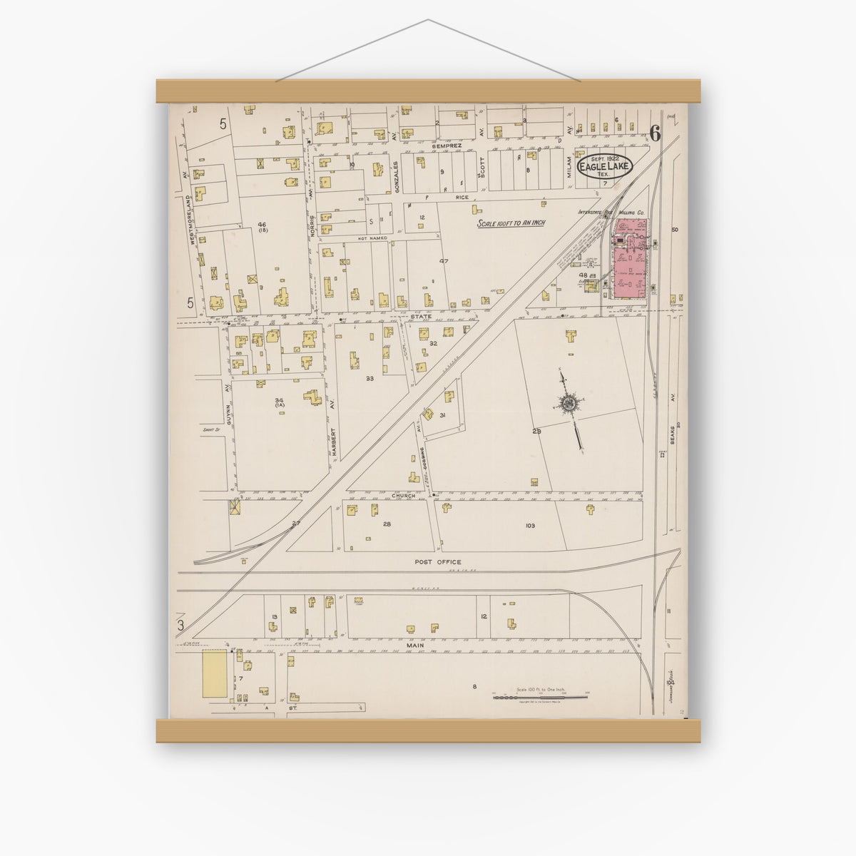Old map wall art mockup — magnetic wood frame on white wall — Sanborn Fire Insurance Map from Eagle Lake, Colorado County, Texas (1922), Sheet #0006
