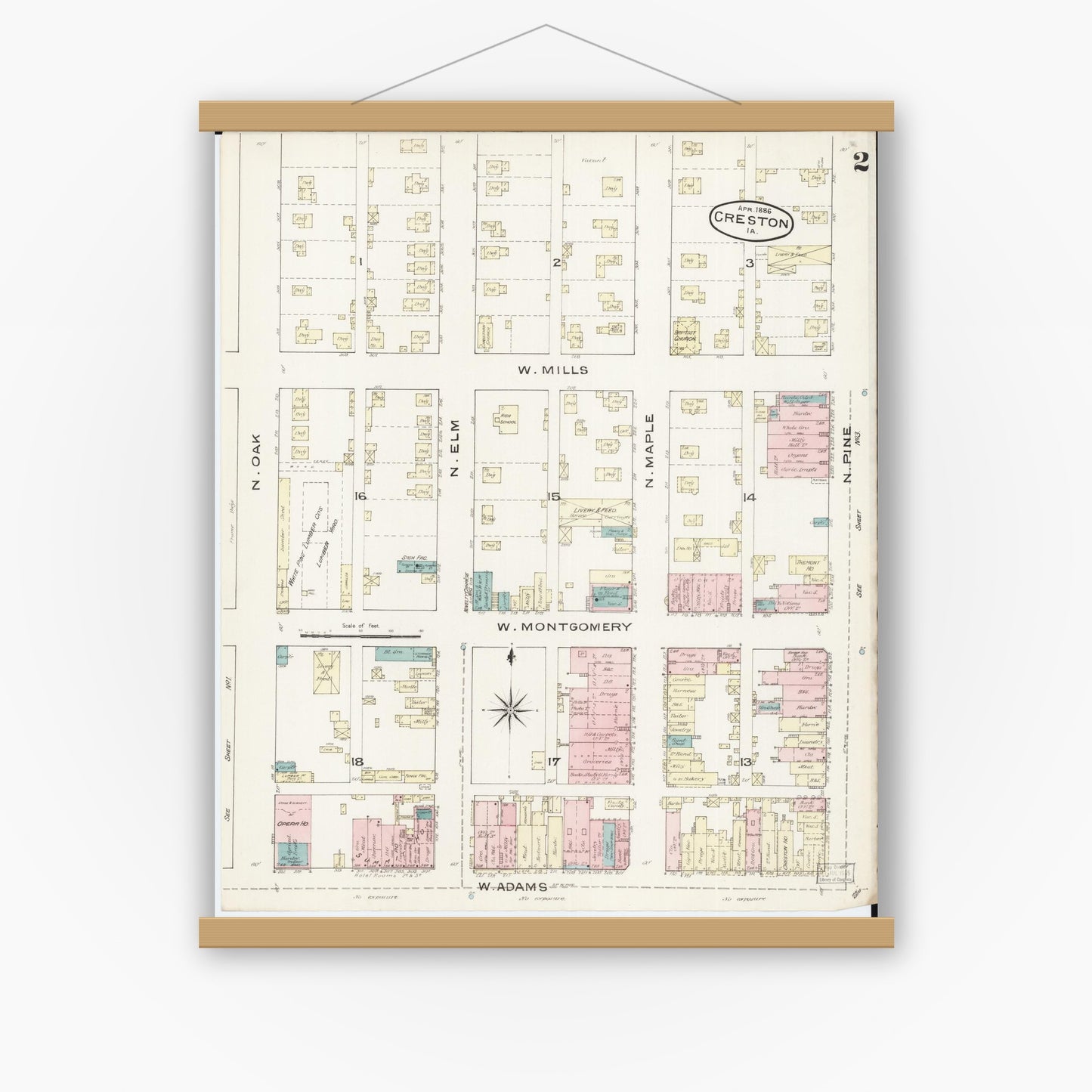 Old map wall art mockup — magnetic wood frame on white wall — Sanborn Fire Insurance Map from Creston, Union County, Iowa (1886), Sheet #0002