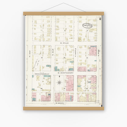 Old map wall art mockup — magnetic wood frame on white wall — Sanborn Fire Insurance Map from Creston, Union County, Iowa (1886), Sheet #0002