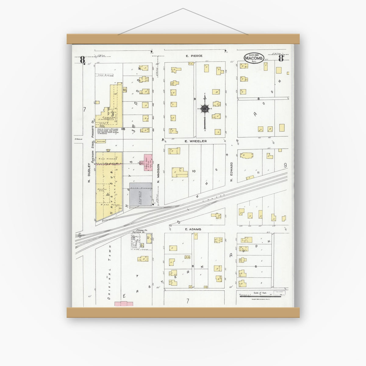 Old map wall art mockup — magnetic wood frame on white wall — Sanborn Fire Insurance Map from Macomb, Mcdonough County, Illinois (1924), Sheet #0008
