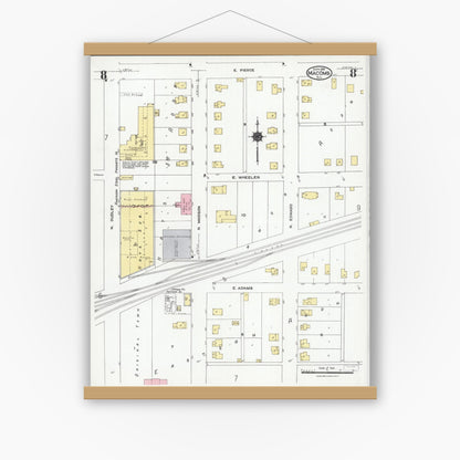 Old map wall art mockup — magnetic wood frame on white wall — Sanborn Fire Insurance Map from Macomb, Mcdonough County, Illinois (1924), Sheet #0008
