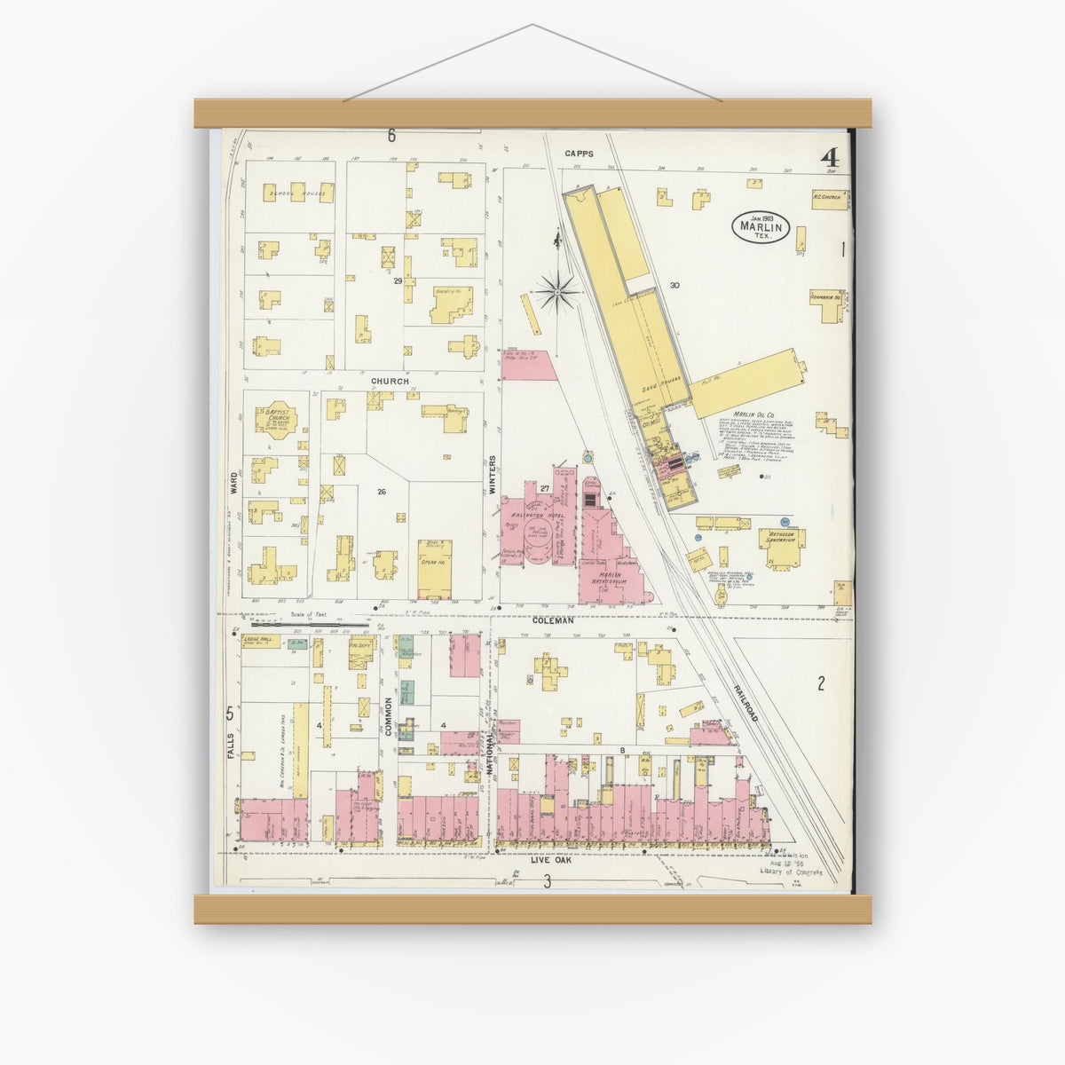 Old map wall art mockup — magnetic wood frame on white wall — Sanborn Fire Insurance Map from Marlin, Falls County, Texas (1903), Sheet #0004