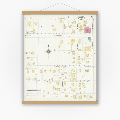 Old map wall art mockup — magnetic wood frame on white wall — Sanborn Fire Insurance Map from McKinney, Collin County, Texas (1908), Sheet #0009
