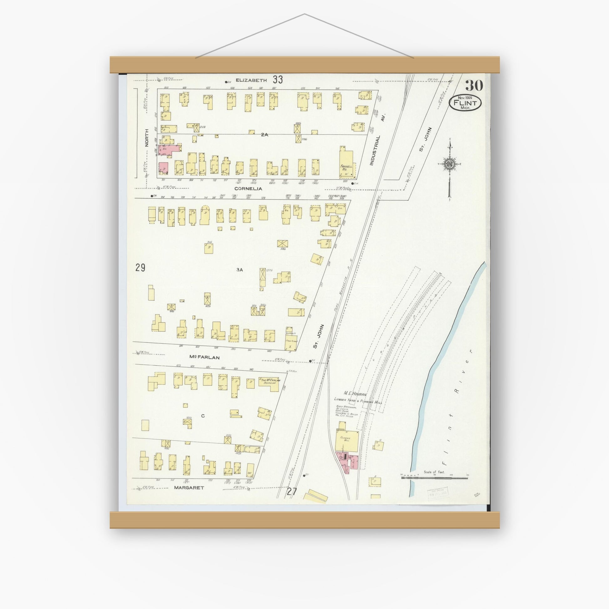 Old map wall art mockup — magnetic wood frame on white wall — Sanborn Fire Insurance Map from Flint, Genesee County, Michigan (1909), Sheet #0030