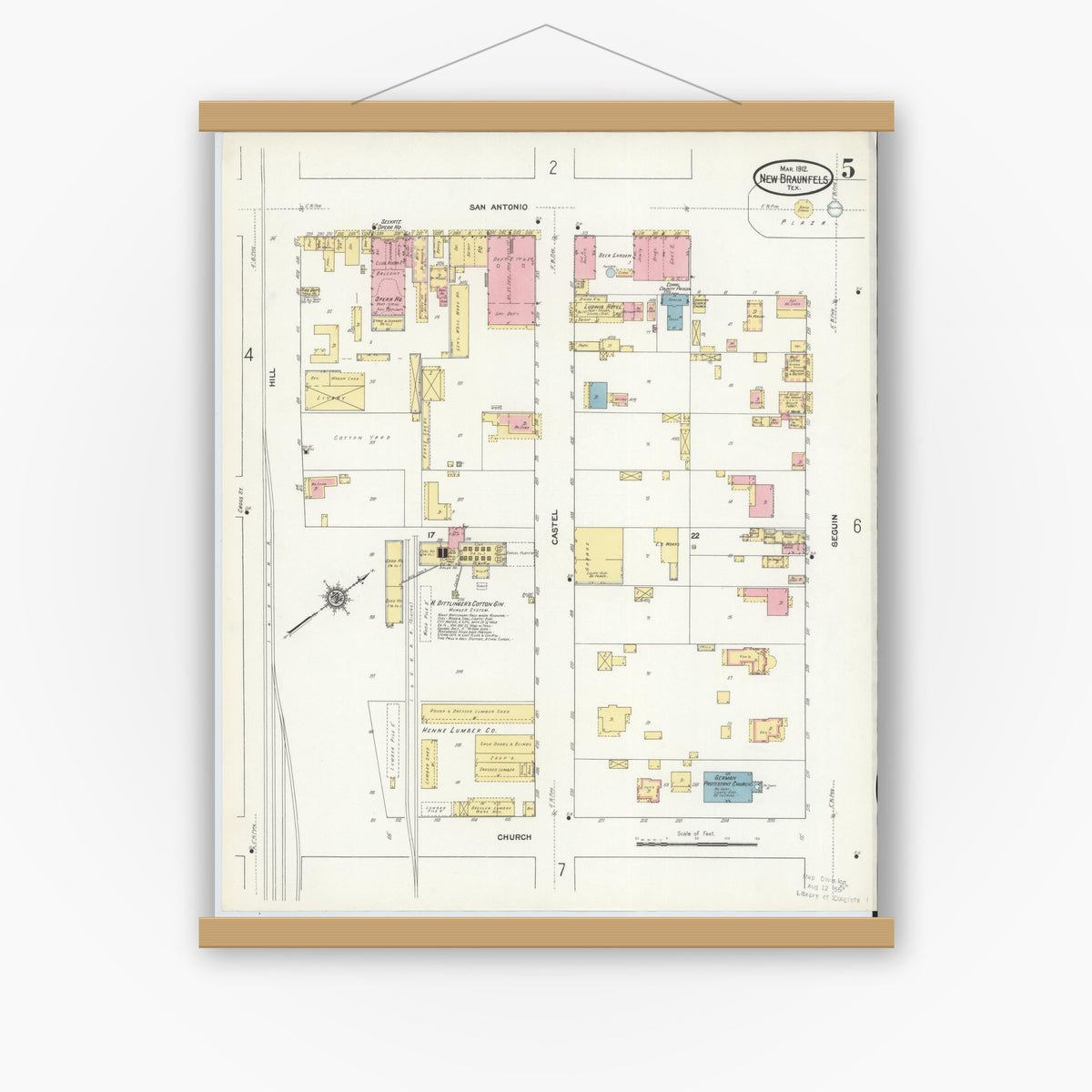 Old map wall art mockup — magnetic wood frame on white wall — Sanborn Fire Insurance Map from New Braunfels, Comal County, Texas (1912), Sheet #0005