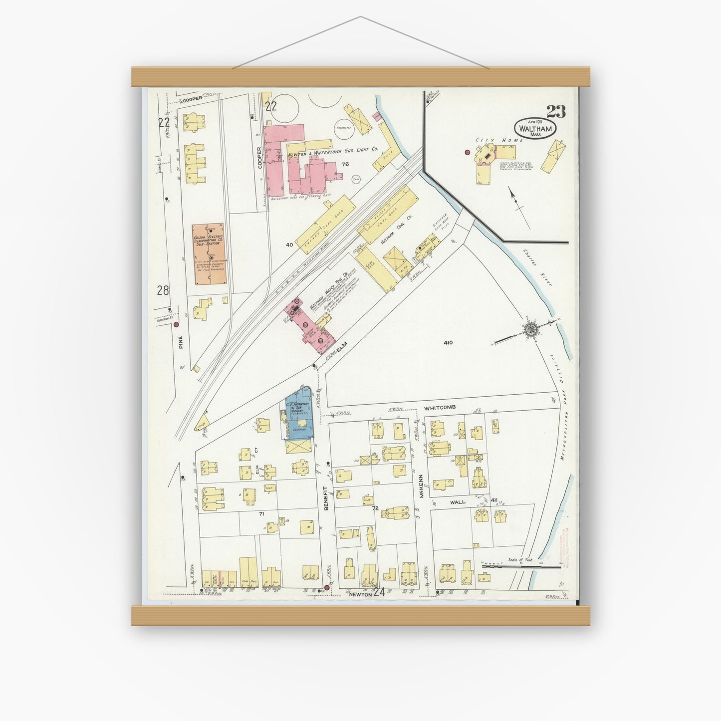 Old map wall art mockup — magnetic wood frame on white wall — Sanborn Fire Insurance Map from Waltham, Middlesex County, Massachusetts (1911), Sheet #0023