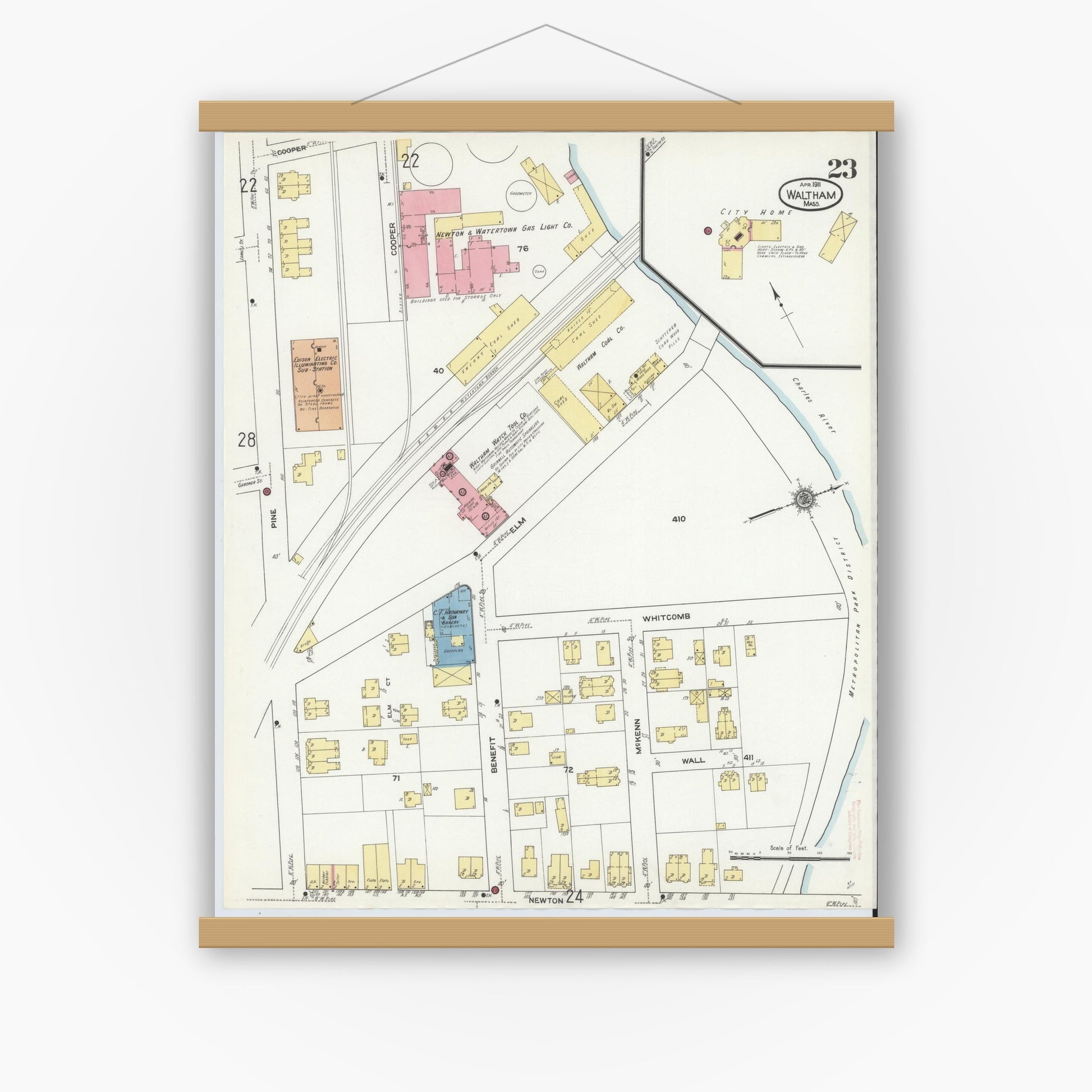 Old map wall art mockup — magnetic wood frame on white wall — Sanborn Fire Insurance Map from Waltham, Middlesex County, Massachusetts (1911), Sheet #0023