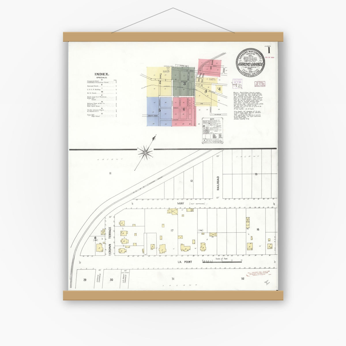 Old map wall art mockup — magnetic wood frame on white wall — Sanborn Fire Insurance Map from Arroyo Grande, San Luis Obispo County, California (1909), Sheet #0001