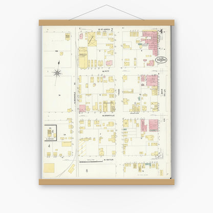 Old map wall art mockup — magnetic wood frame on white wall — Sanborn Fire Insurance Map from Tarboro, Edgecombe County, North Carolina (1908), Sheet #0004