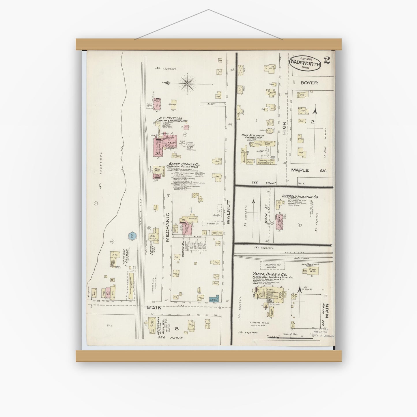Old map wall art mockup — magnetic wood frame on white wall — Sanborn Fire Insurance Map from Wadsworth, Medina County, Ohio (1885), Sheet #0002