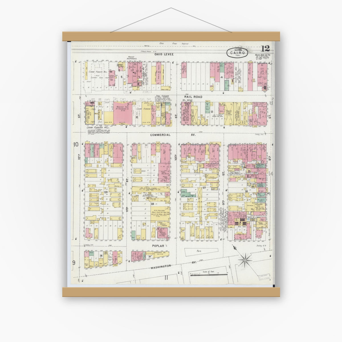 Old map wall art mockup — magnetic wood frame on white wall — Sanborn Fire Insurance Map from Cairo, Alexander County, Illinois (1896), Sheet #0012