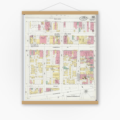 Old map wall art mockup — magnetic wood frame on white wall — Sanborn Fire Insurance Map from Cairo, Alexander County, Illinois (1896), Sheet #0012