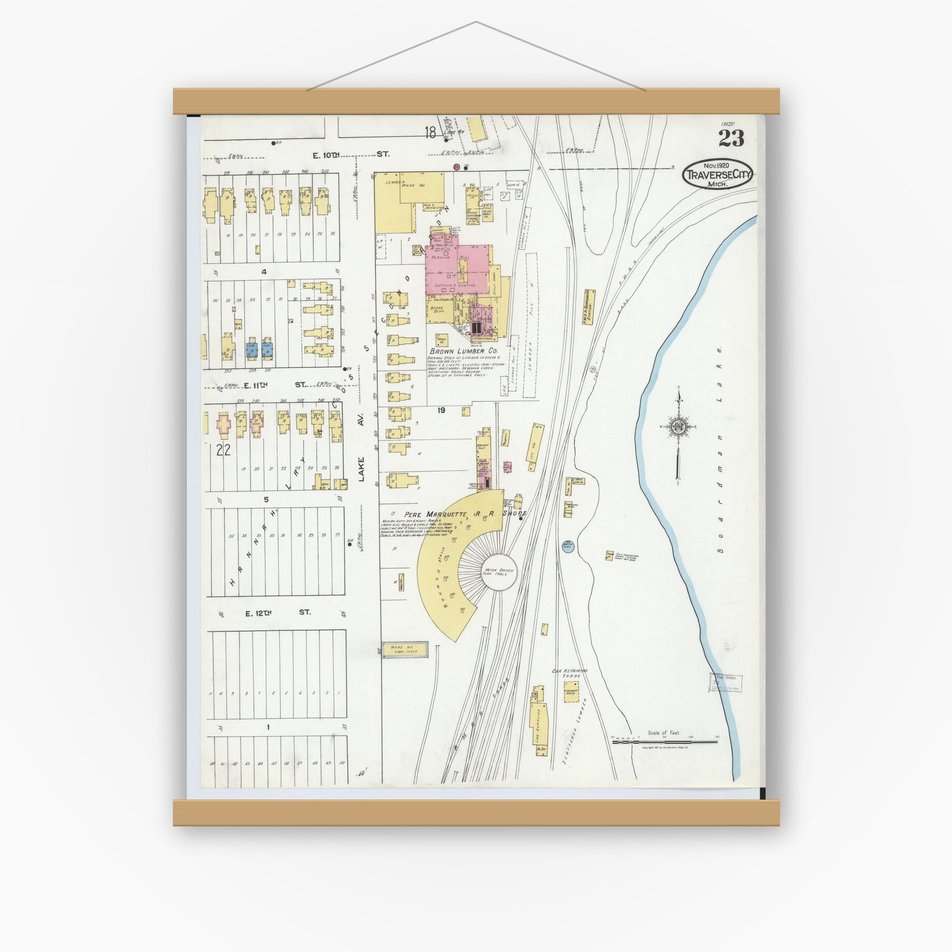 Old map wall art mockup — magnetic wood frame on white wall — Sanborn Fire Insurance Map from Traverse City, Grand Traverse County, Michigan (1920), Sheet #0023