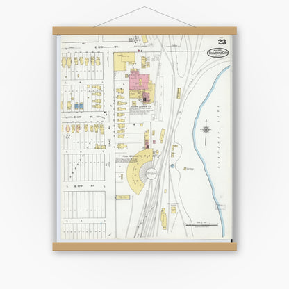 Old map wall art mockup — magnetic wood frame on white wall — Sanborn Fire Insurance Map from Traverse City, Grand Traverse County, Michigan (1920), Sheet #0023