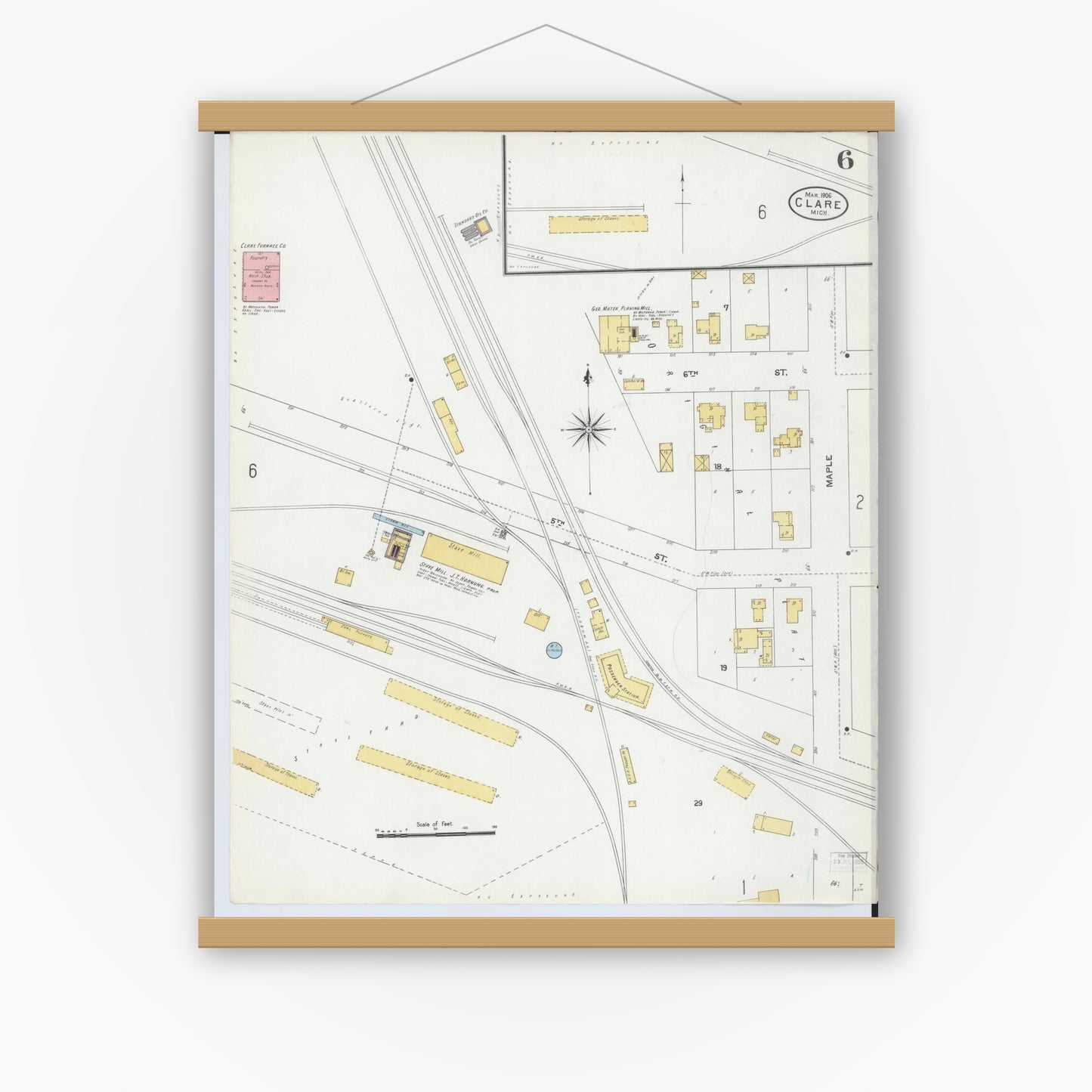 Old map wall art mockup — magnetic wood frame on white wall — Sanborn Fire Insurance Map from Clare, Clare County, Michigan (1906), Sheet #0006