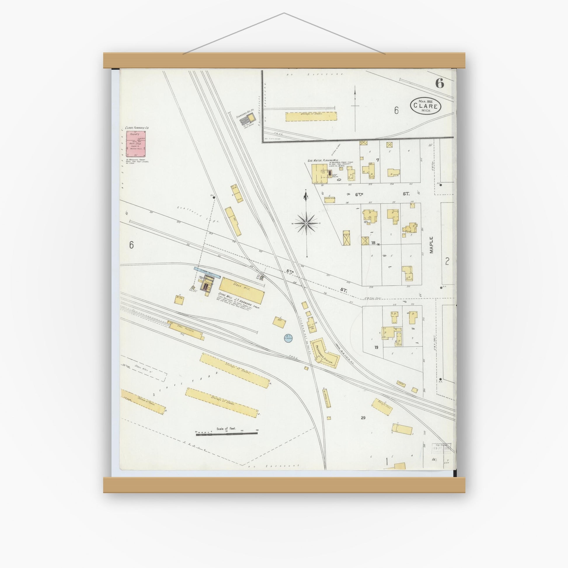 Old map wall art mockup — magnetic wood frame on white wall — Sanborn Fire Insurance Map from Clare, Clare County, Michigan (1906), Sheet #0006