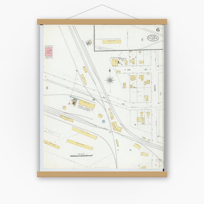 Old map wall art mockup — magnetic wood frame on white wall — Sanborn Fire Insurance Map from Clare, Clare County, Michigan (1906), Sheet #0006