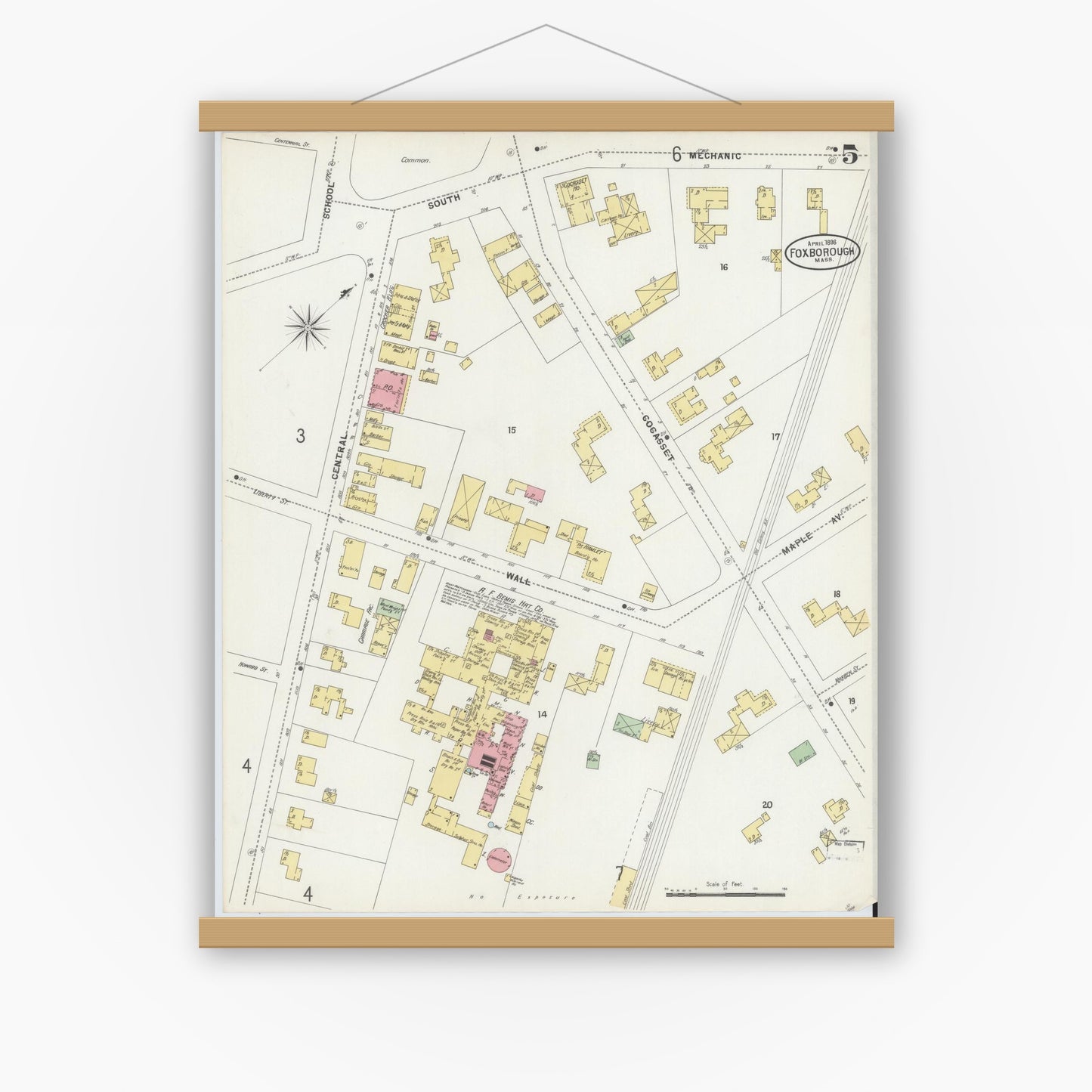 Old map wall art mockup — magnetic wood frame on white wall — Sanborn Fire Insurance Map from Foxboro, Norfolk County, Massachusetts (1898), Sheet #0005