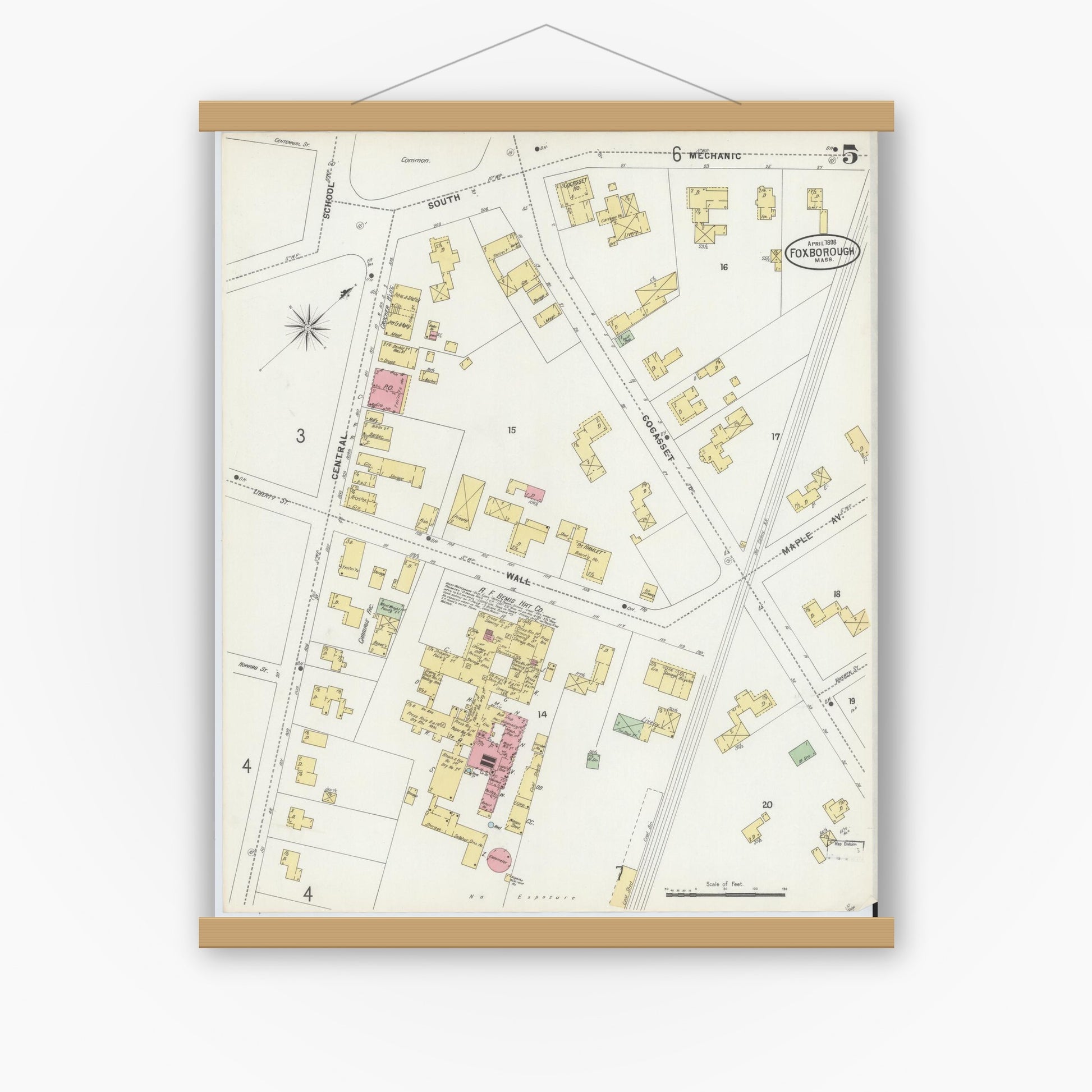 Old map wall art mockup — magnetic wood frame on white wall — Sanborn Fire Insurance Map from Foxboro, Norfolk County, Massachusetts (1898), Sheet #0005