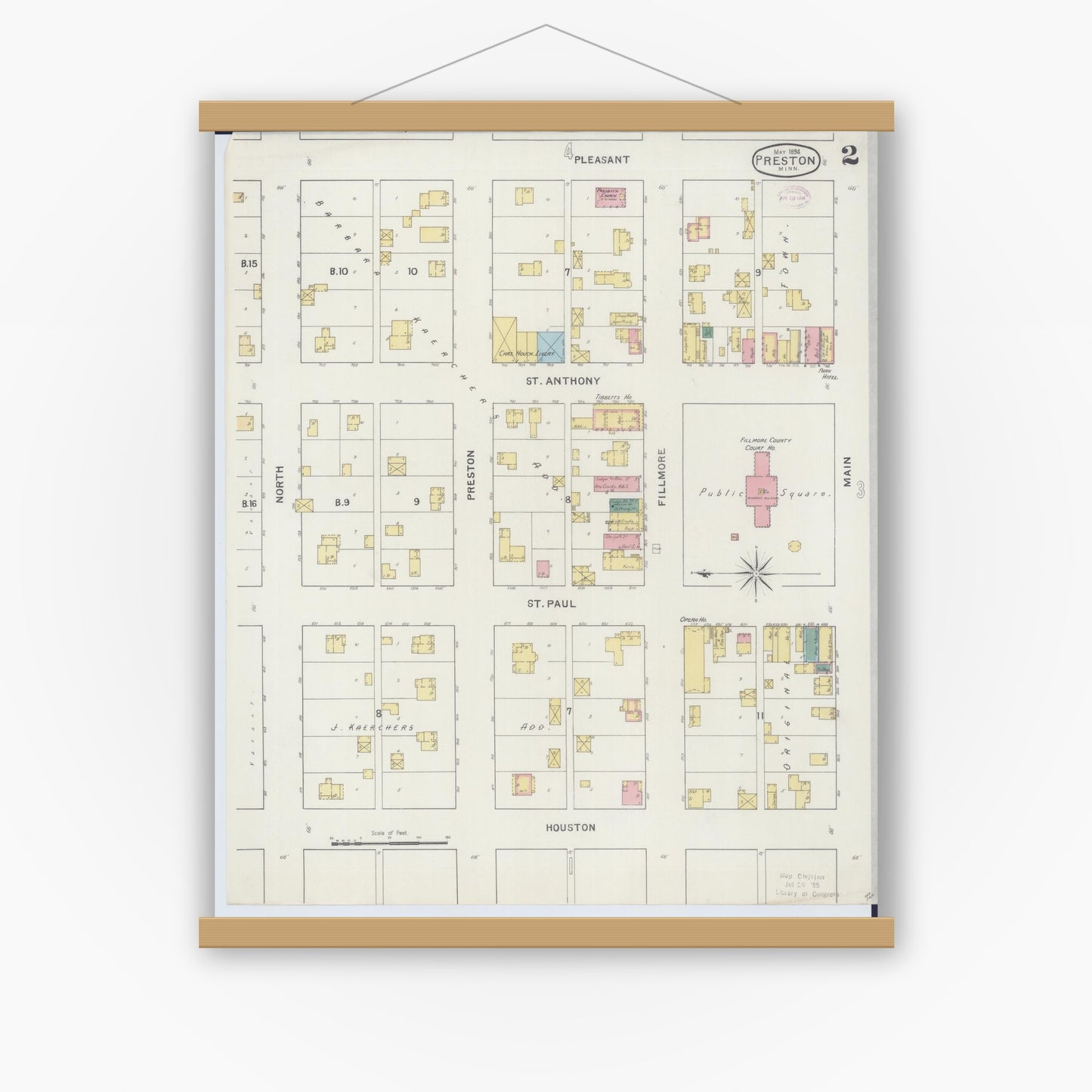 Old map wall art mockup — magnetic wood frame on white wall — Sanborn Fire Insurance Map from Preston, Fillmore County, Minnesota (1894), Sheet #0002