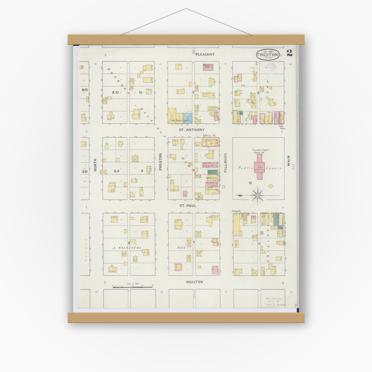 Old map wall art mockup — magnetic wood frame on white wall — Sanborn Fire Insurance Map from Preston, Fillmore County, Minnesota (1894), Sheet #0002