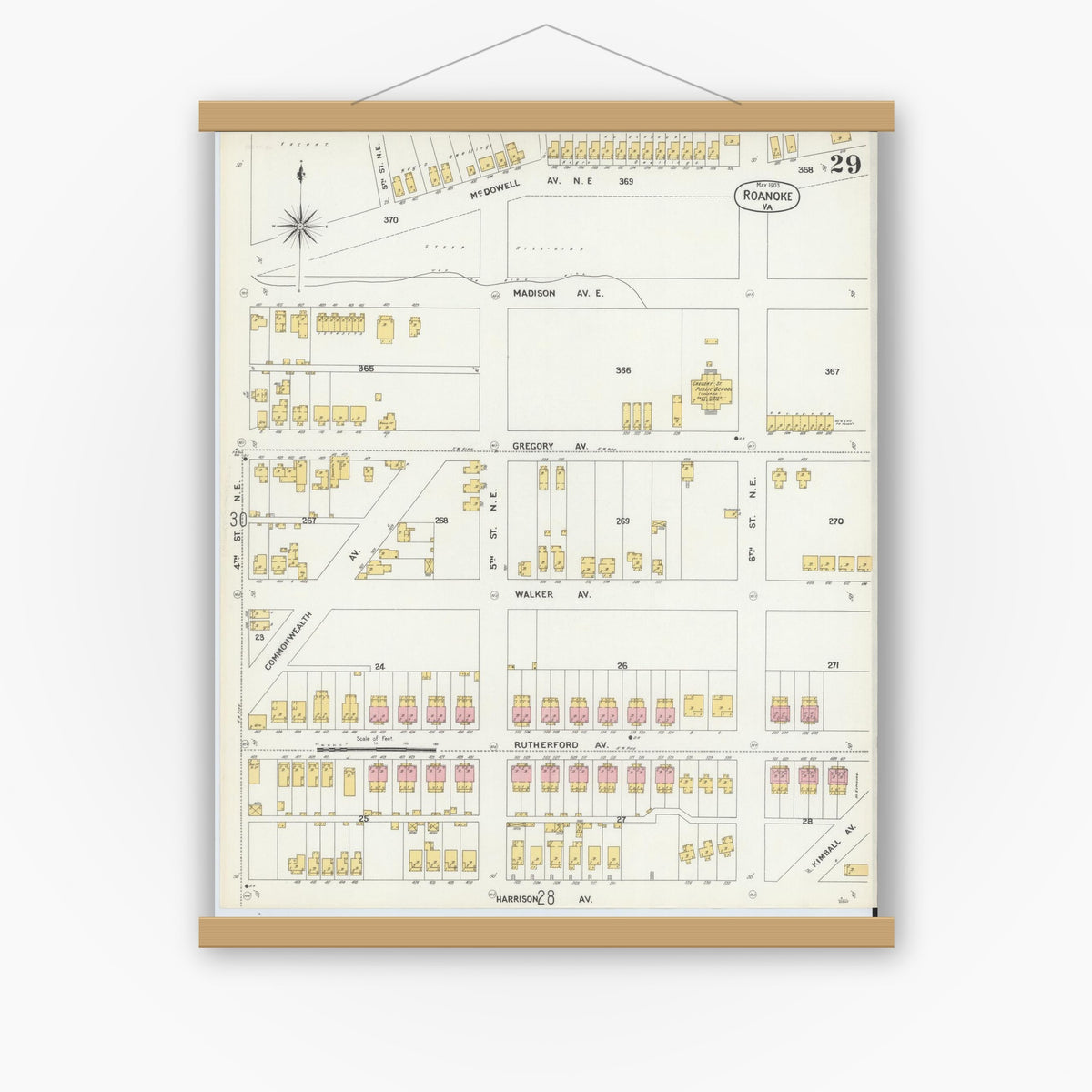 Old map wall art mockup — magnetic wood frame on white wall — Sanborn Fire Insurance Map from Roanoke, Independent Cities, Virginia (1903), Sheet #0029