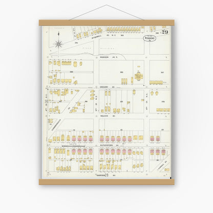 Old map wall art mockup — magnetic wood frame on white wall — Sanborn Fire Insurance Map from Roanoke, Independent Cities, Virginia (1903), Sheet #0029