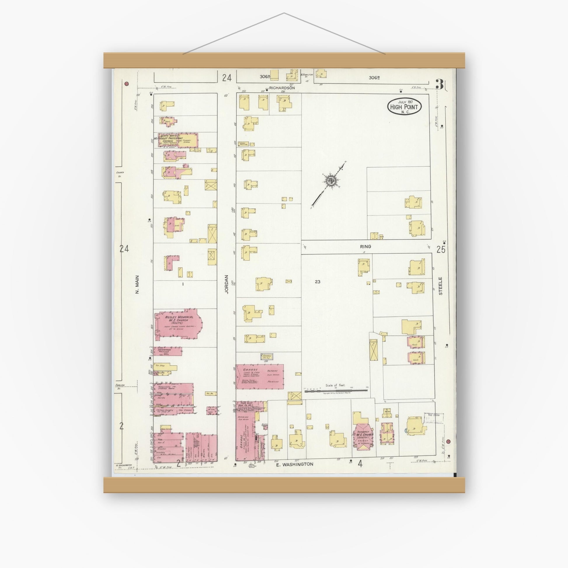 Old map wall art mockup — magnetic wood frame on white wall — Sanborn Fire Insurance Map from High Point, Guilford County, North Carolina (1917), Sheet #0003