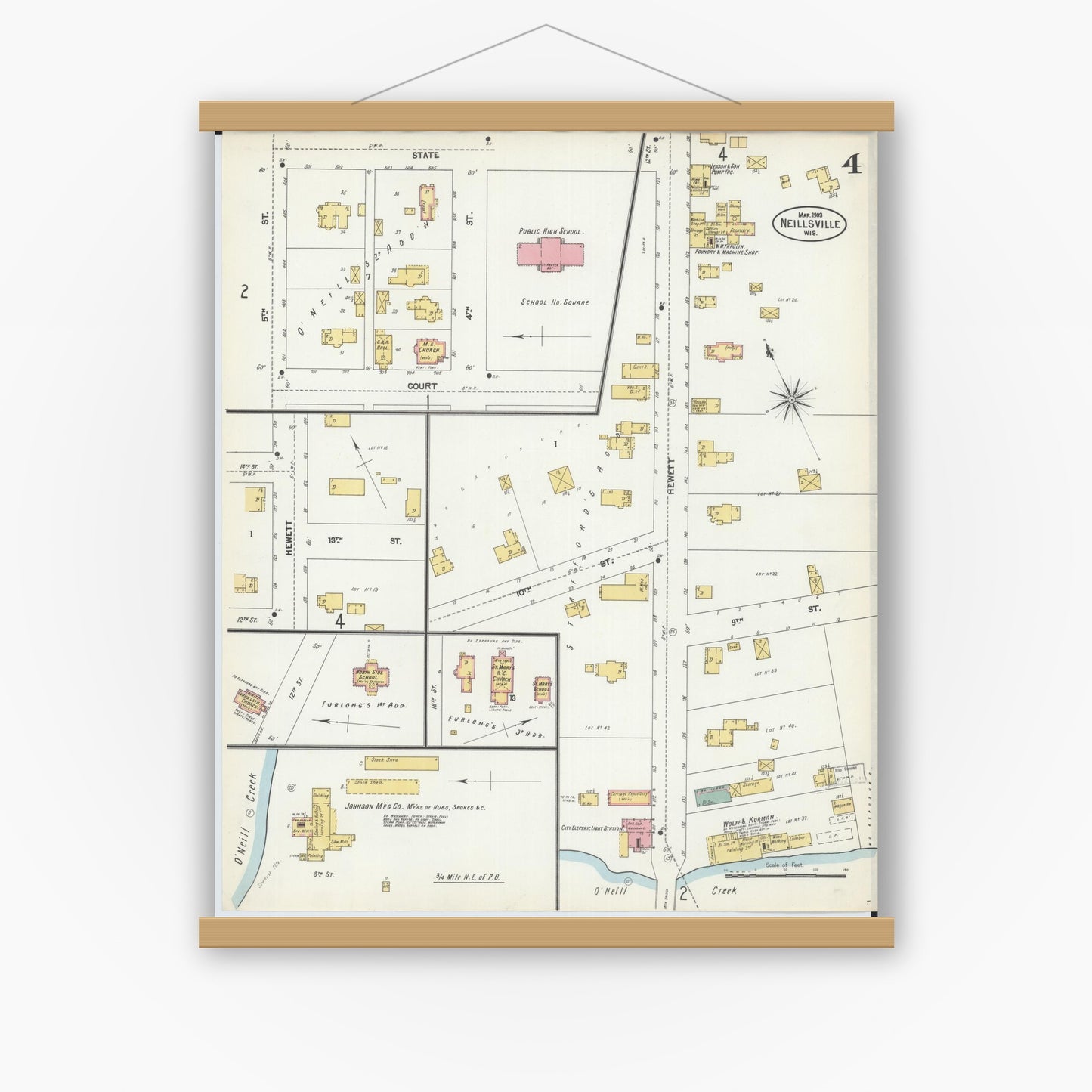 Old map wall art mockup — magnetic wood frame on white wall — Sanborn Fire Insurance Map from Neillsville, Clark County, Wisconsin (1903), Sheet #0004