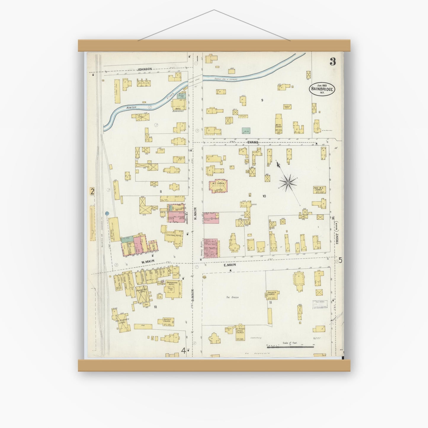 Old map wall art mockup — magnetic wood frame on white wall — Sanborn Fire Insurance Map from Bainbridge, Chenango County, New York (1903), Sheet #0003
