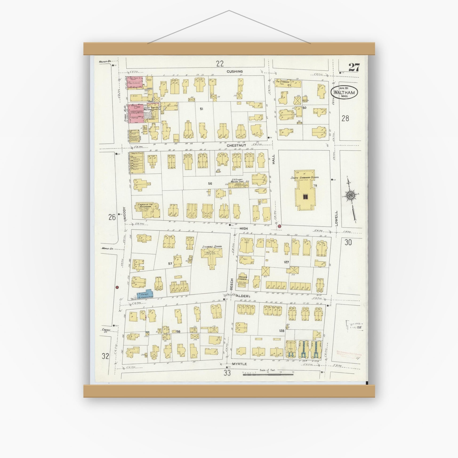 Old map wall art mockup — magnetic wood frame on white wall — Sanborn Fire Insurance Map from Waltham, Middlesex County, Massachusetts (1911), Sheet #0027