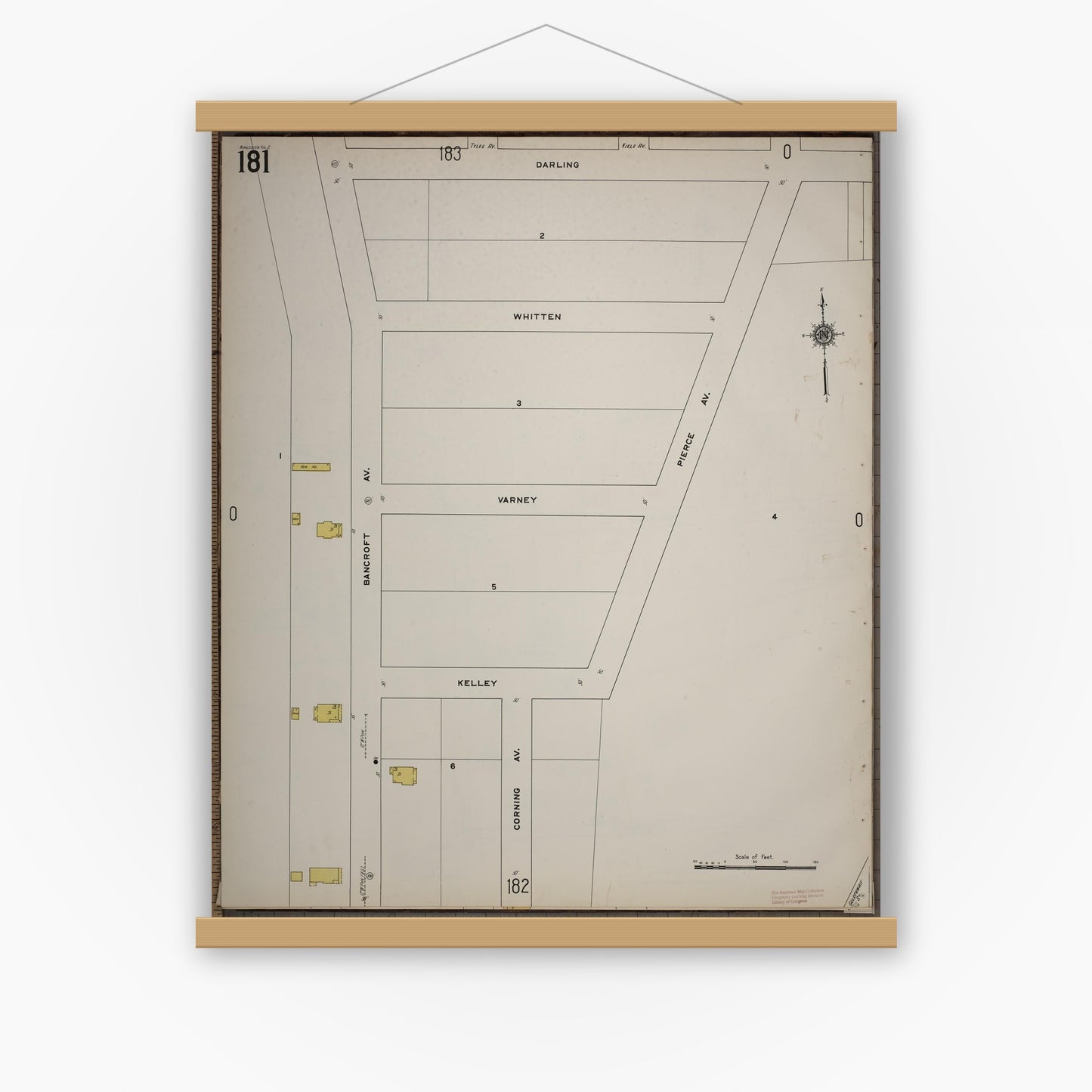 Old map wall art mockup — magnetic wood frame on white wall — Sanborn Fire Insurance Map from Worcester, Worcester County, Massachusetts (1910), Sheet #0181