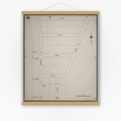 Old map wall art mockup — magnetic wood frame on white wall — Sanborn Fire Insurance Map from Worcester, Worcester County, Massachusetts (1910), Sheet #0181