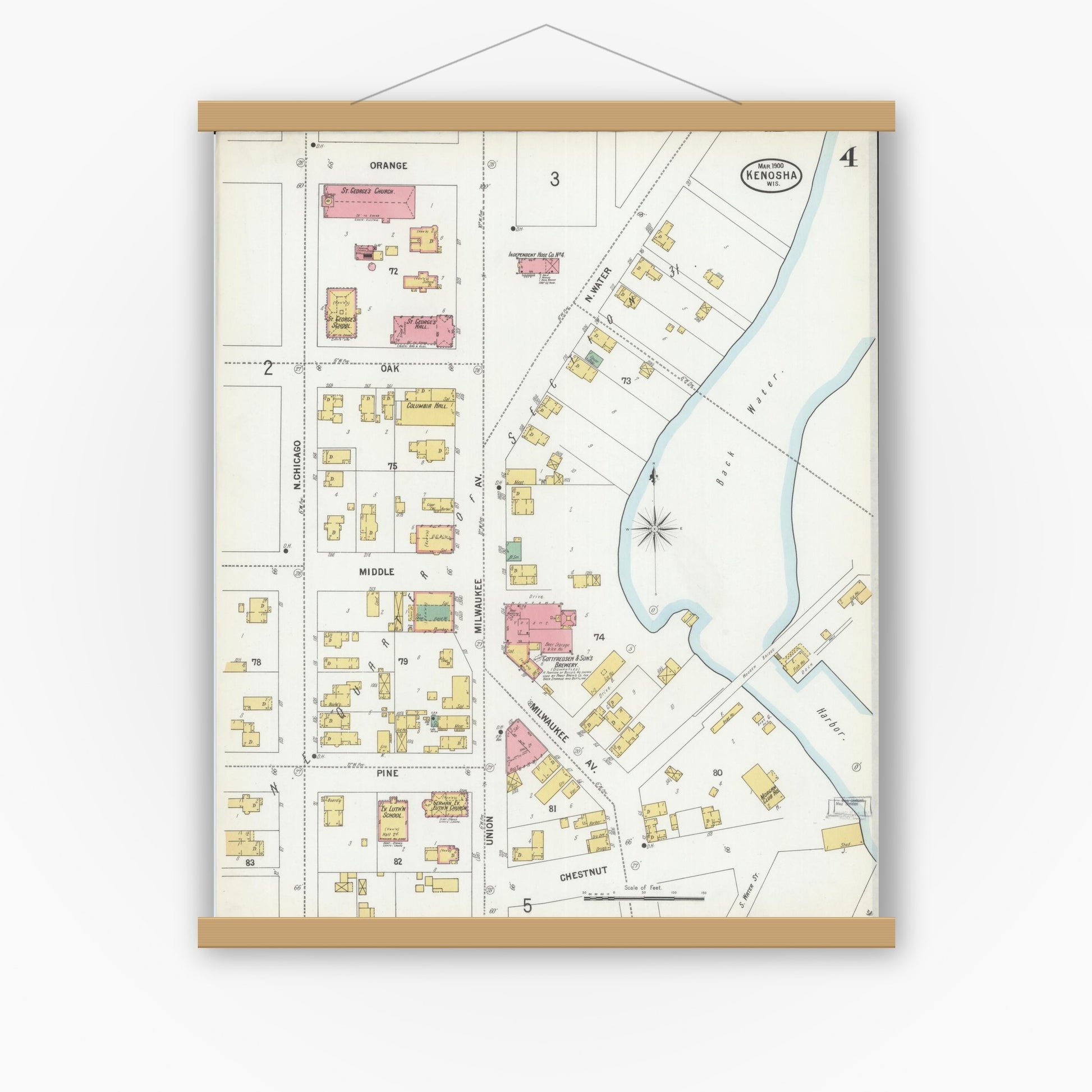 Old map wall art mockup — magnetic wood frame on white wall — Sanborn Fire Insurance Map from Kenosha, Kenosha County, Wisconsin (1900), Sheet #0004