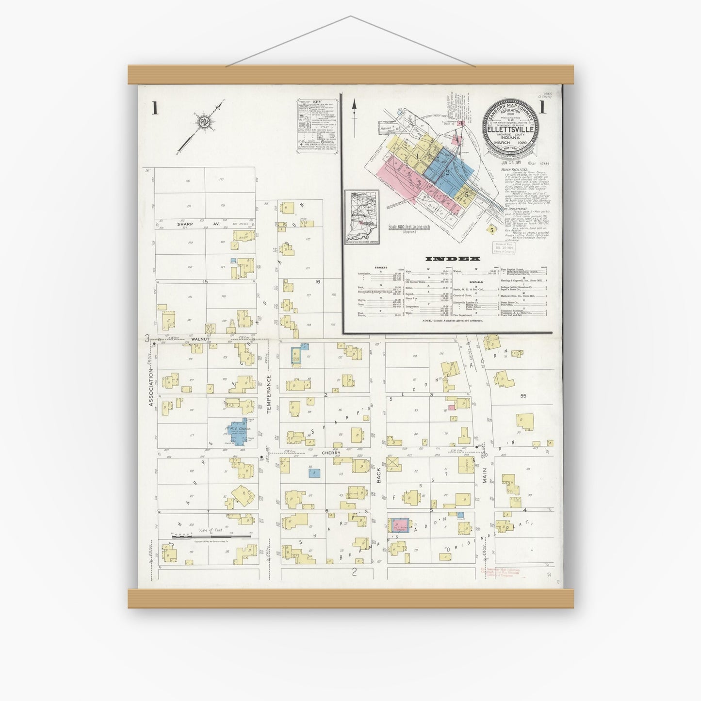 Old map wall art mockup — magnetic wood frame on white wall — Sanborn Fire Insurance Map from Ellettsville, Monroe County, Indiana (1929) - Complete Map Set
