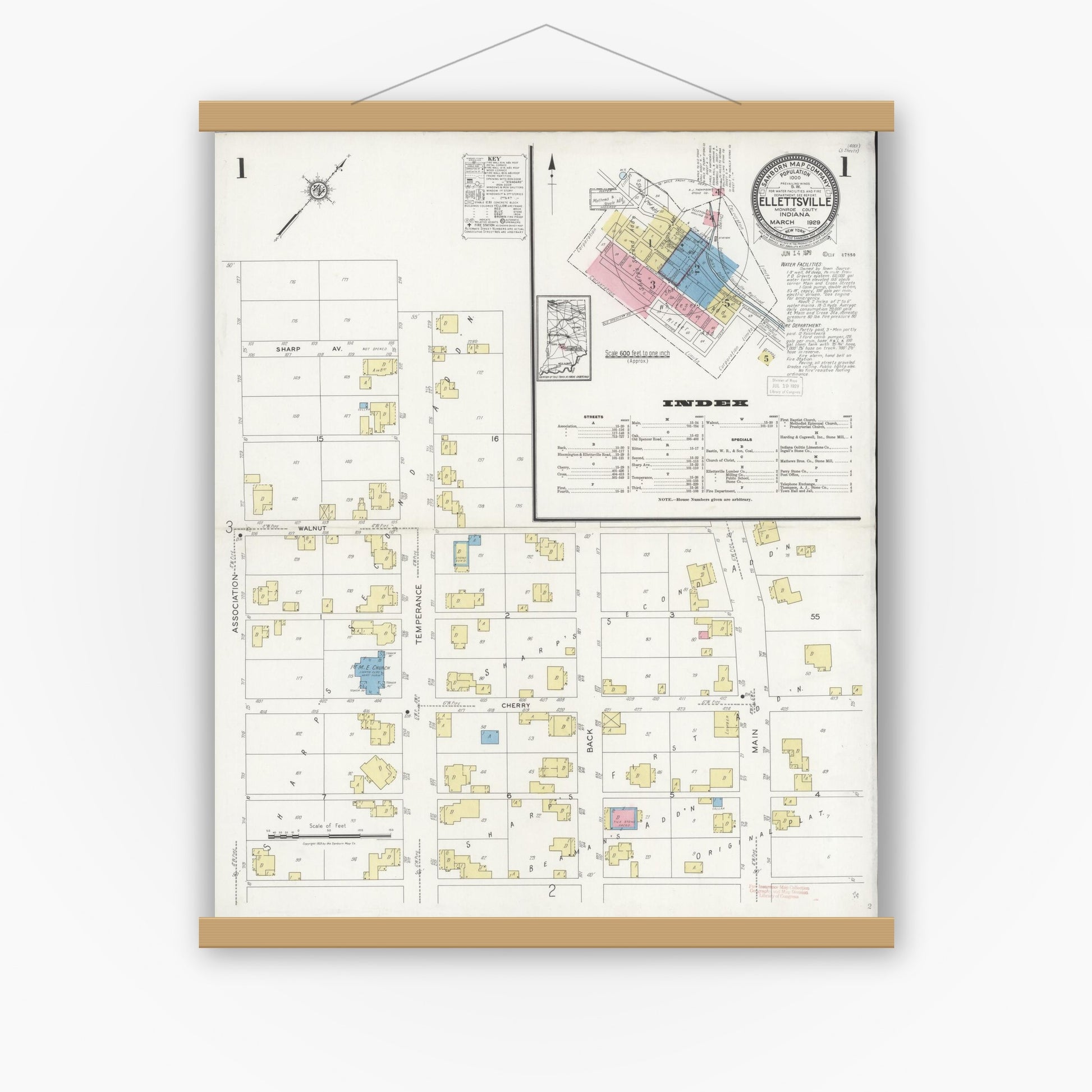 Old map wall art mockup — magnetic wood frame on white wall — Sanborn Fire Insurance Map from Ellettsville, Monroe County, Indiana (1929) - Complete Map Set