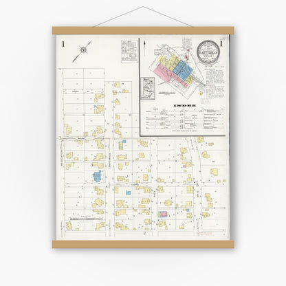 Old map wall art mockup — magnetic wood frame on white wall — Sanborn Fire Insurance Map from Ellettsville, Monroe County, Indiana (1929) - Complete Map Set