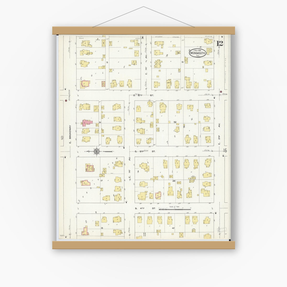 Old map wall art mockup — magnetic wood frame on white wall — Sanborn Fire Insurance Map from Monmouth, Warren County, Illinois (1913), Sheet #0012